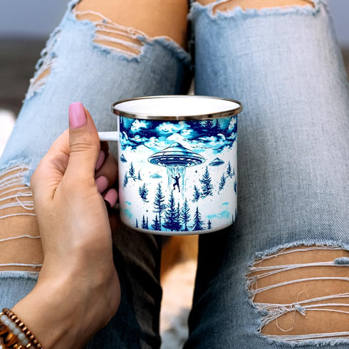 UFO Alien Abduction Extraterrestrial Paranormal Enamel Camp Mug, Outdoor Camping Campfire Coffee Cup (12oz)...