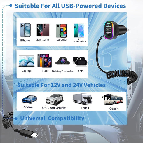 iPhone USB C 140W Super Fast Car Charger, Arparnar 4 Port PD&QC3.0 USB C Car Charger Compact Fast Car Charger with 5ft 60W Type C Coiled Cable for...