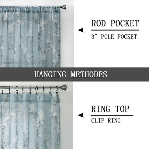 Tollpiz Floral Blue Sheer Curtains Flower Print Vine Embroidery Bedroom Curtain Rod Pocket Voile Window Curtains for Living Room, 54 x 63 inches L...