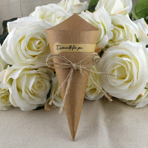 50Pcs Kraft Paper Cones Bouquet Wrapping Paper Cones Wedding Confetti Candy Gift Flower Paper Cones Holder with Hemp Ropes for DIY Wedding Table D...