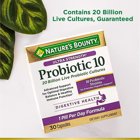 Nature's Bounty Probiotic 10, Ultra Strength Daily Probiotic Supplement, Support for Digestive, Immune and Upper Respiratory Health, 2 Pack, 30 Ca...