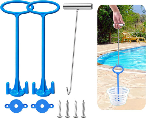 2PCS Skimmer Basket Handle & Pool Skimmer Basket Hook, Pool Accessories for Inground Pools, Pool Skimmer Handle Fit All Skimmer Baskets, Pool Filt...