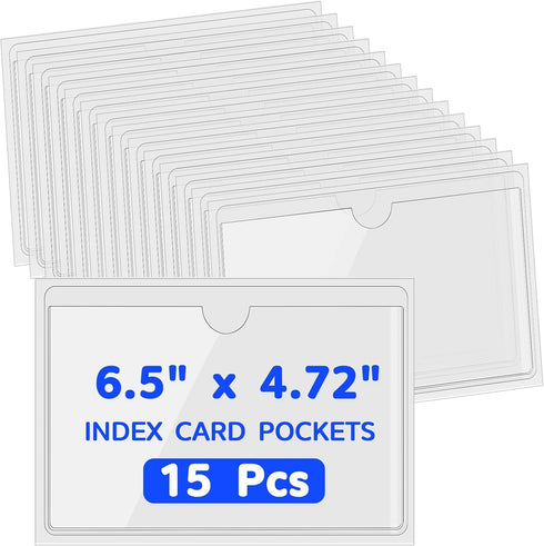 15 Pcs Self Adhesive Index Card Pockets, 6.5×4.72" clear adhesive pockets, Removable Labels Bag with Top Open for Organizing, Storage Bins, Librar...