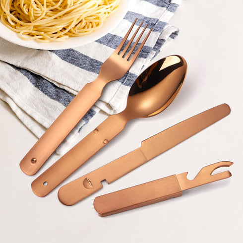 Camping Silverware Copper/Rose Gold Flatware Stainless Steel Eating Utensils Set Travel Portable Knife Fork Spoon Bottle Opener 4 Pieces Multi-fun...