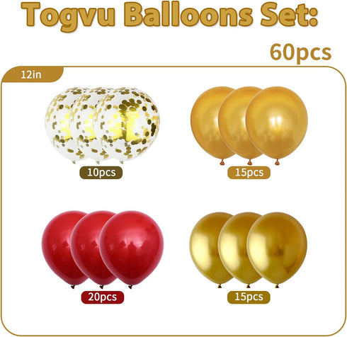 60 Pieces Balloons Red and Gold, 12 Inch Ruby Red Metallic Chrome Gold Pearl Gold Confetti Latex Balloons, Retro Red Gold Party Balloons for Weddi...