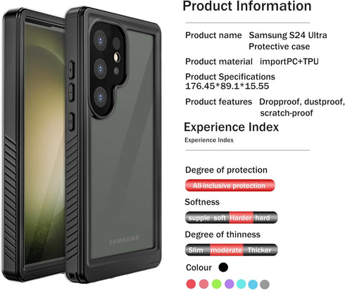 IP68 Waterproof Case for Samsung Galaxy S24 Ultra,100% passed The waterproof quality test,360° full-enclosure,underwater Phone Case,Black clear (W...