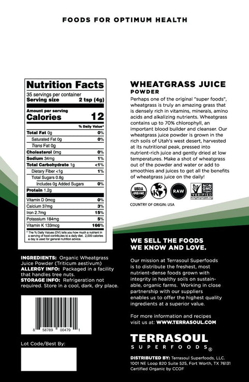 Terrasoul Superfoods Organic Wheat Grass Juice Powder, 5 Oz, Grown in Utah, Made from Nutrient Concentrated Juice, Revitalize with Green Nutrition...