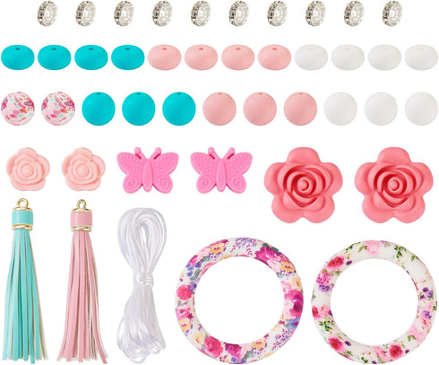 Elecrelive Silicone Beadable Rings Making Kits 65mm Round Silicone Bead Loop with 2 Hole & Flower Silicone Focal Beads Tassels for Key Chain Car P...