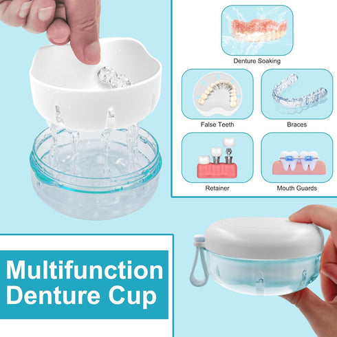 Denture Case & Cup, Travel Retainer Case with Mirror, No-Leak False Teeth Cleaning Container: Full & Partial Dentures Soaking, Denture Bath Holder...