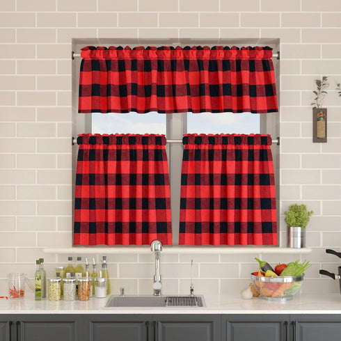 Cafe Curtains 36 inches Long Buffalo Plaid Kitchen Tiers 2 Panels Rod Pocket Gingham Check Short Small Window Curtains Bathroom Red & Black...