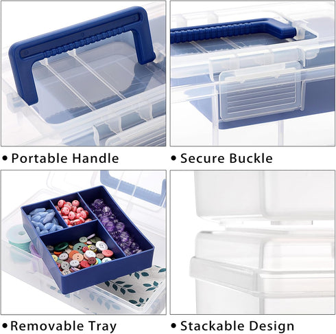 BTSKY Clear Plastic Storage Box with Removable Tray Multipurpose Stationery Storage Box with Handle Handy Sewing Box Art Craft Supply Organizer Ho...