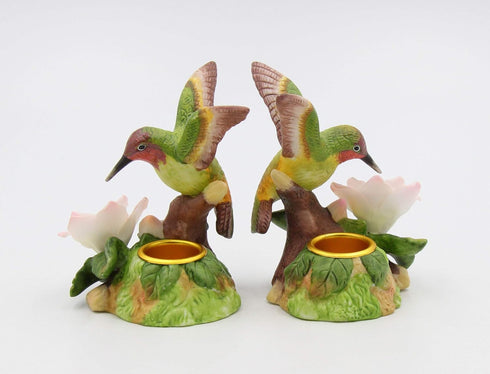 Fine Porcelain Hummingbird with Apple Cherry Blossom Flowers Taper Candle Holder Pair Figurine, 3-5/8" H...