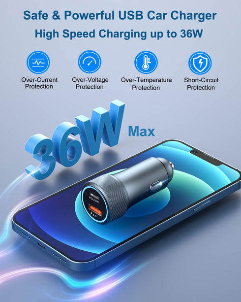 USB C Car Charger, OKRAY 36W Fast Charging Type C Car Phone Charger Dual Ports Cigarette Lighter Adapter with 6FT USB C to C Cable Compatible for ...