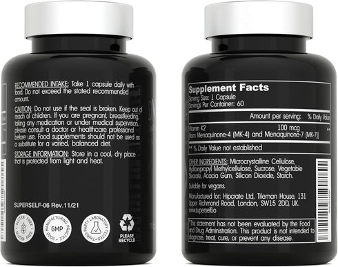 Vitamin K2 Capsules 100 mcg - Vitamin K Complex MK-7 & MK-4-60 Capsules - Vit K2 2 in 1 Formula High Strength Supplement MK7 MK4 - Made in USA - V...