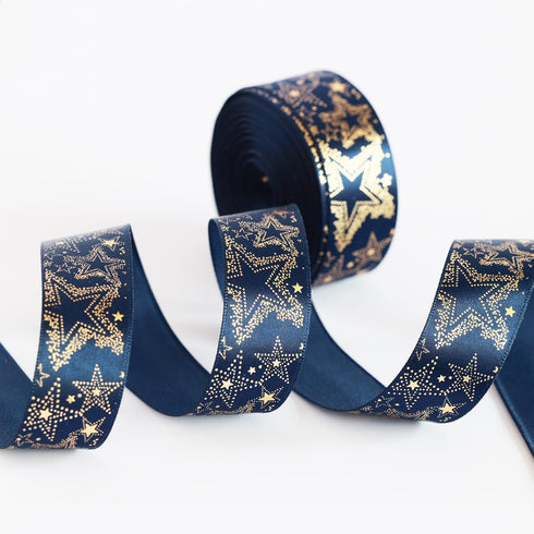 Navy Blue Ribbon with Gold Star Navy Silk Ribbon Navy Blue Satin Ribbon,10 Yards 7/8?22mm) for Gift Wrapping Craft Packing, DIY Craft, Wedding Par...