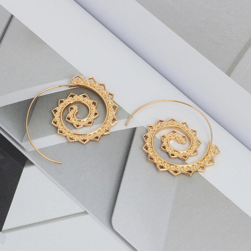 Boho Spiral Earrings Vintage Vortex Gear Earrings Gold Circles Tribal Earrings Exaggerated Hoop Earrings Indian Swirl Earrings Jewelry for Women...