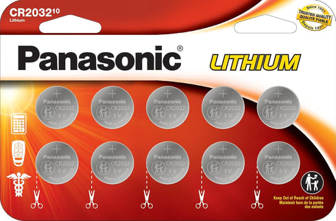 Panasonic CR2032 3.0 Volt Long Lasting Lithium Coin Cell Batteries in Child Resistant, Standards Based Packaging, 10 Pack...