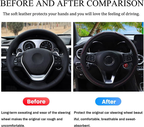 Car Steering Wheel Cover, Anti-Slip Soft Stretch Breathable Waterproof Weatherproof Durable Leather Automotive Wheel Cover Protector, 14.5-15 Inch...