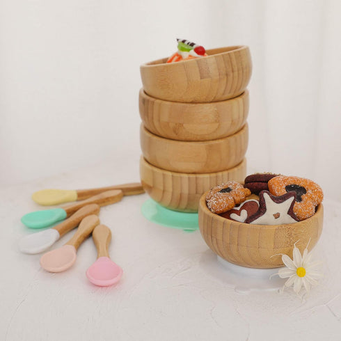 Baby Bowls and Spoons, Baby Bamboo Bowl and Spoon | Silicone Suction | Bamboo Baby Bowls for Baby | Baby Bowls First Stage | Baby Wood Bowls (Cyan...