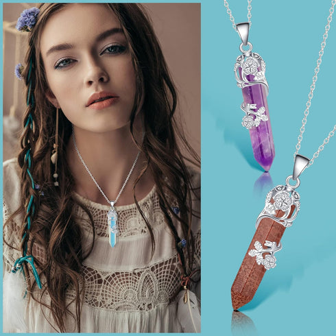 12 Pcs Healing Crystal Necklace Hexagonal Healing Crystal Flower Wrapped Crystal Point Pendant Necklace Healing Pendents Natural Quartz Point Neck...