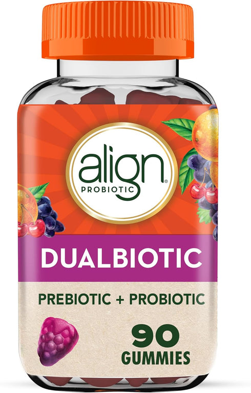Align DualBiotic, Prebiotic + Probiotic for Women and Men, Help Nourish and Add Good Bacteria for Digestive Support, Natural Fruit Flavors, 90 Gum...