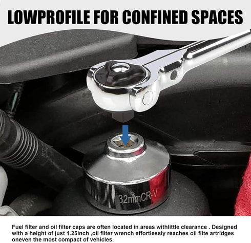 Pack-1 Car 32mm Oil Filter Wrench, 6 Point 3/8" Steel Low Profile Drive Socket Wrench, Oil Filter Labor-saving Disassembly Tool, Compatible with E...