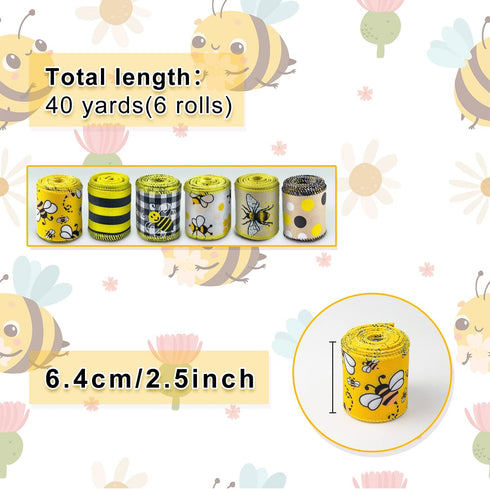 Bee Ribbons 6 Rolls Bumble Bee Ribbon Wired Bees Crafts 2.5 Inch 40 Yards Spring Summer Ribbon Yellow Stripe Gingham Dot Honey Bee Ribbon for Wrap...