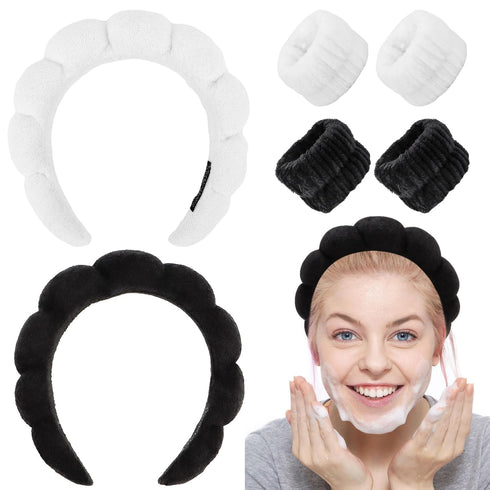 6Pcs Sponge Spa Headband for Washing Face Black Skincare headband Face Wash Headband White Makeup Headband and Wristband Set for Face Washing Wome...