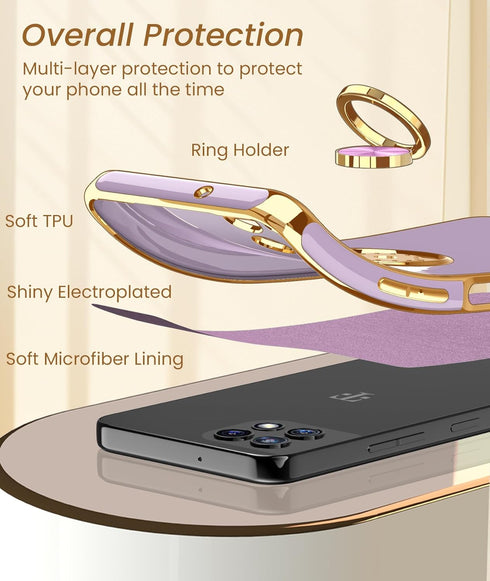 Dretal for T-Mobile REVVL 7 5G Case with 2X Screen Protector, 360° Rotatable Ring Holder Magnetic Kickstand,Plated Gold Edge Slim Soft TPU Protect...