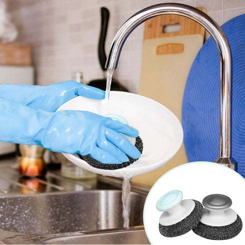 2Pcs Stainless Steel Wool Scrubber with Handle, Heavy Duty Pot Scrubbers Dish Scrubber Cleaning Brush Wash for Dish, Stainless Steel Scrubbing Bru...