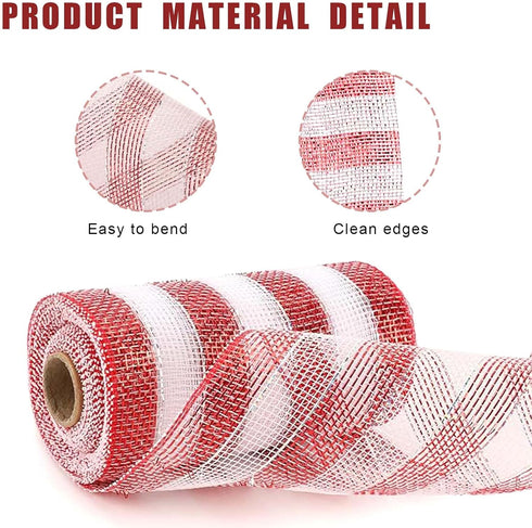 LaRibbons Deco Mesh Ribbon?6 inch x 30 feet Each Roll?Metallic Foil Red and White Rolls for Wreaths, Swags and Christmas Tree Decoration?4 Roll...