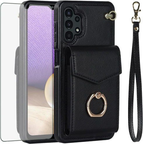 Asuwish Phone Case for Samsung Galaxy A32 5G 2021 6.5 inch Wallet Cover with Tempered Glass Screen Protector and RFID Blocking Ring Card Holder Ce...