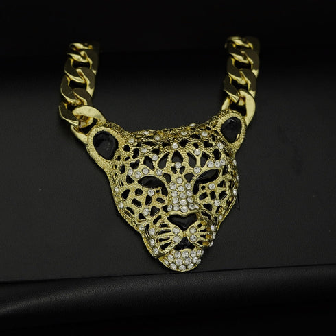 Chunky Cuban Chain Leopard Pendant Choker for Women Men,Animal Cheetah Iced Out Charm Necklace with 14K Gold Plated Link,Faux Diamond Bling Bold S...