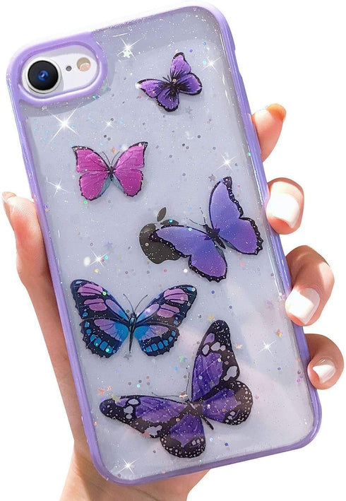Butterfly Pattern Phone Case for Apple iPhone SE 2020, 8, 7 - Purple, Cute, Clear, Slim Fit, TPU Shockproof, Glitter, Butterfly...