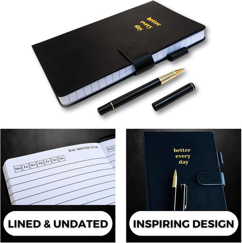 Black A5 Hardcover Notebook, 144 Pages, Lined Leather Journal with Pen, Better Everyday Journal & Daily Planner for Tasks, Checklists, Writing, Pr...