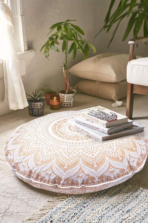 Indian Mandala Cotton Handmade Gold Ombre Round Floor Pillow Ethnic Floor Cushion Case Yoga Mat 32 x 32 Inch Kids Bean Bag Pet Dog Bed Car Chair S...