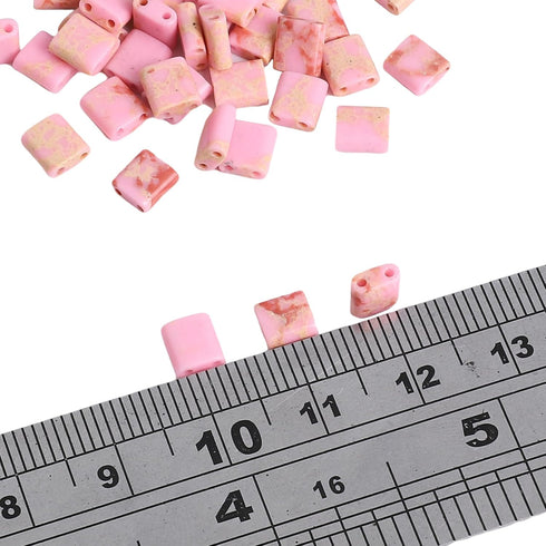 Pink Imperial Jasper Stone Tila Beads 5x5mm Square 2-Hole Spacer Beads for DIY Bracelet Earring Making 15"/Strand...