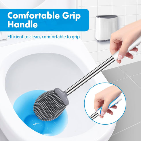 Toilet Brush,Toilet Brush and Holder, Silicone Flexible Toilet Bowl Brush Head with Ventilated Holder, Wall Mounted Compact Toilet Brush Set for B...