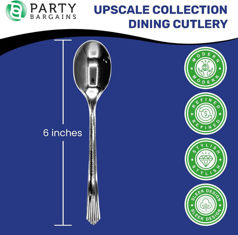 Party Bargains Disposable Upscale Collection Tea Spoons, 40 Count, Silver, Plastic Flatware Cutlery Utensils, Excellent for Birthdays, Parties, Bu...
