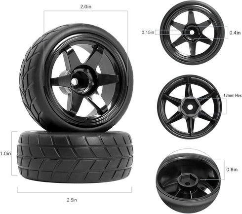 RC Station RC Drift Wheels and Tires Tyres 1/10 1/16 RC Wheels Preglued 4PCS 12mm Hex RC Wheels and Tires Tyres OD 2.58" with Foam Inserts for Tra...