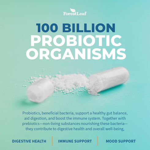 ForestLeaf Clinically Studied Probiotics 100 Billion CFU, 26 Strains with Organic Prebiotic Blend & Digestive Enzymes - Probiotic Prebiotic for Me...