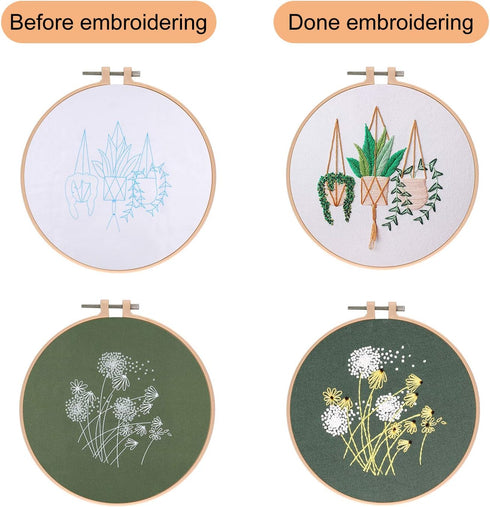 FEPITO 4 Sets Embroidery Starter Kit with Pattern and Instructions Cross Stitch Kit Includes 4Pcs Embroidery Clothes with Floral Pattern, 2 Pcs Em...