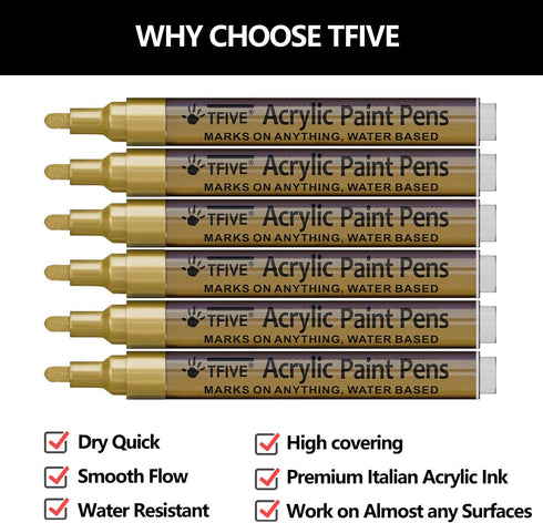 Gold Acrylic Paint Marker Pens - 2-3mm Medium Tip, 6 Pack Permanent Gold Water Based Paint Pen for DIY Projects, Paintings for Rock, Fabric, Wood,...