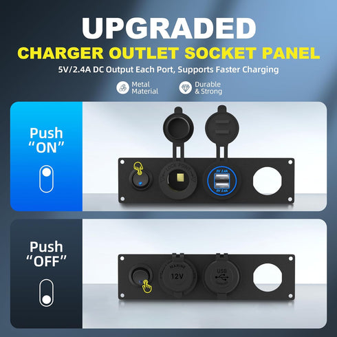 12V USB Outlet Socket Panel 12V DC 4.8A Dual USB Power Outlet & 12 Volt Cigarette Lighter Socket & Lighted ON/Off Rocker Toggle Switch for Marine ...