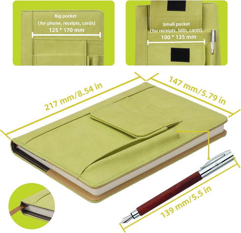 Refillable Lined Leather Journal Notebook, A5 Size Journal for Women Men,100gsm 200 Pages Thick Paper Notebooks with Front Pockets and Pen Pocket,...