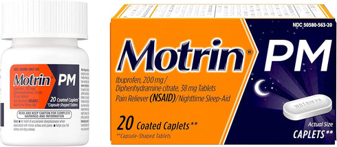 Motrin PM Caplets, 200 mg Ibuprofen & 38 mg Sleep Aid, Nighttime Relief for Minor Pains, 20 ct...