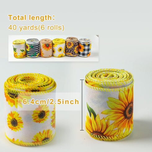 Sunflower Ribbon Wired Ribbon 6 Rolls 40 Yards Wired Edge Yellow Ribbon 2.5 Inch Burlap Ribbon Plaid Stripe Summer Fall Ribbon Floral Ribbon for B...