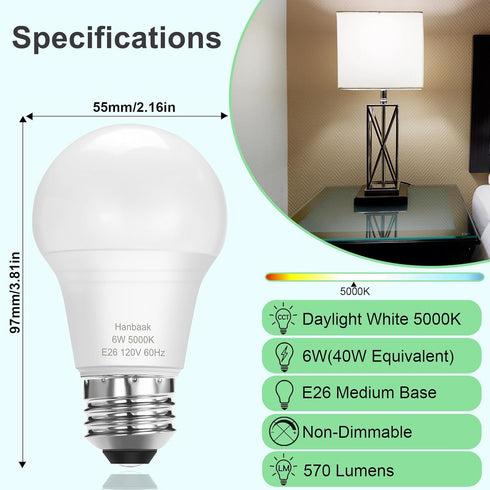 E26 LED Bulb, 40W Equivalent Light Bulb, 6W Medium Screw Base Bulb, Non-Dimmable, Daylight White 5000K 4 Packs...