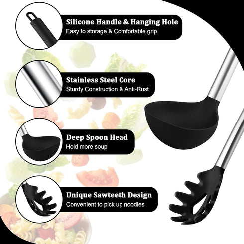 TeamFar Silicone Pasta Fork and Ladle Spoon Set, 2 Pcs Large Nonstick Kitchen Utensils with Stainless Steel Handle for Cooking, Draining, Serving ...