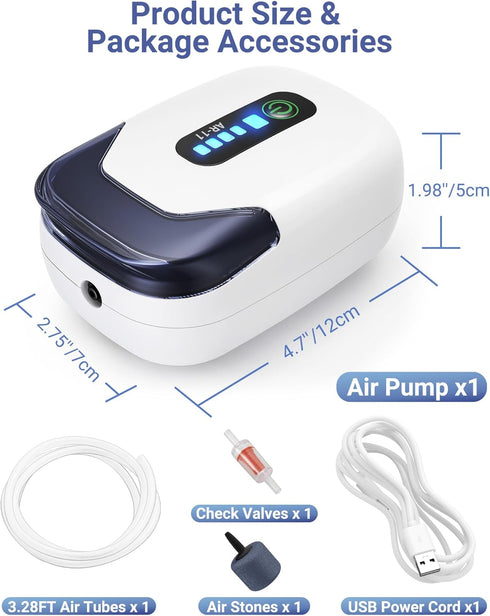 Aquarium Air Pump, Rechargeable Portable Oxygen Pump with Single/Dual Outlets, Quiet Aerator for Fish Tank up to 30/70 Gallon, Outdoor Fishing, Fi...